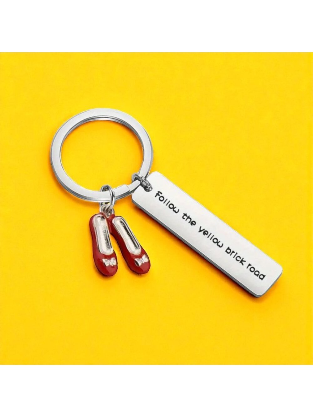FOLLOW THE YELLOW BRICK ROAD Oz Ruby Slipper Silver Keychain NEW NWOT
